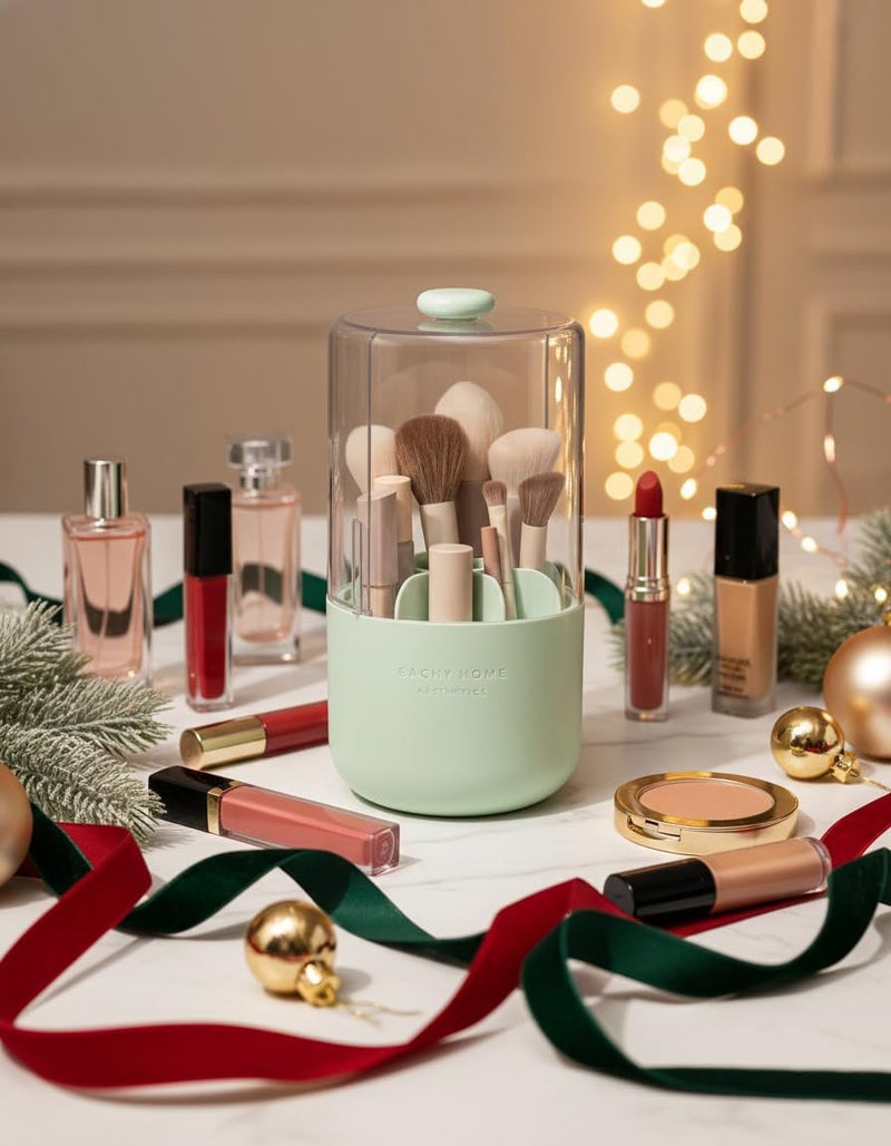 EACHY Makeup Brush Holder 360° Rotating with Dustproof Lid, Waterproof Material, 7 Compartments for Organized Storage, Stylish and Durable Design for Vanity (Green) - Image 1